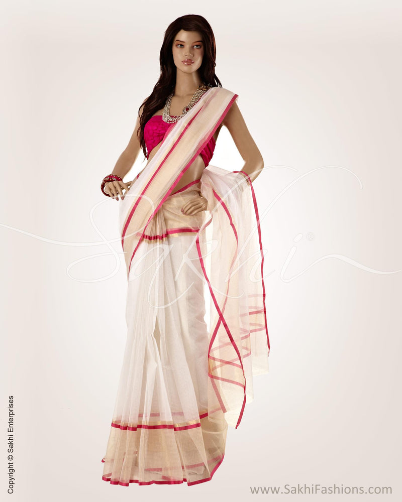 SFBGO-19186 - White & Pink Pure Kota Cotton Saree
