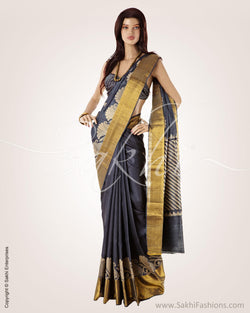 BGO-21439 - Grey & Gold Pure Tussar Silk Saree