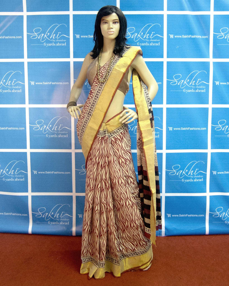BGP-1225 - Beige & Black Pure Cotton Saree