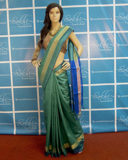 BGP-3588 - Green & Blue Pure Dupion Silk Saree