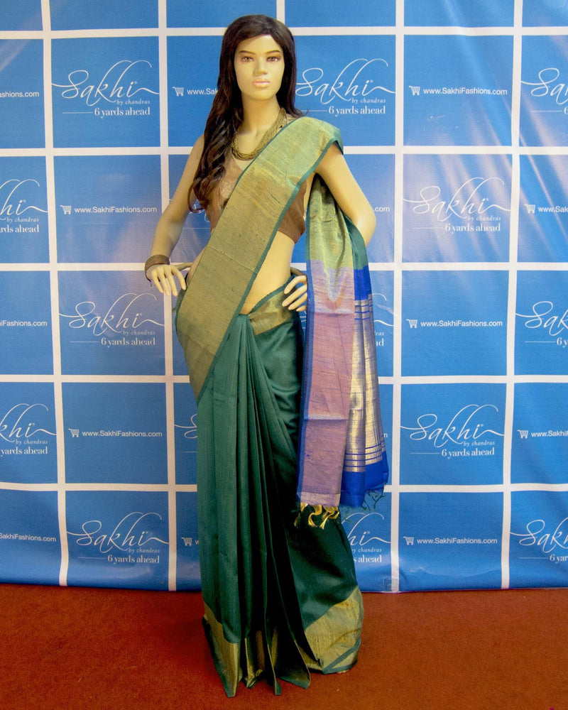 BGP-3592 - Green & Blue Pure Dupion Silk Saree