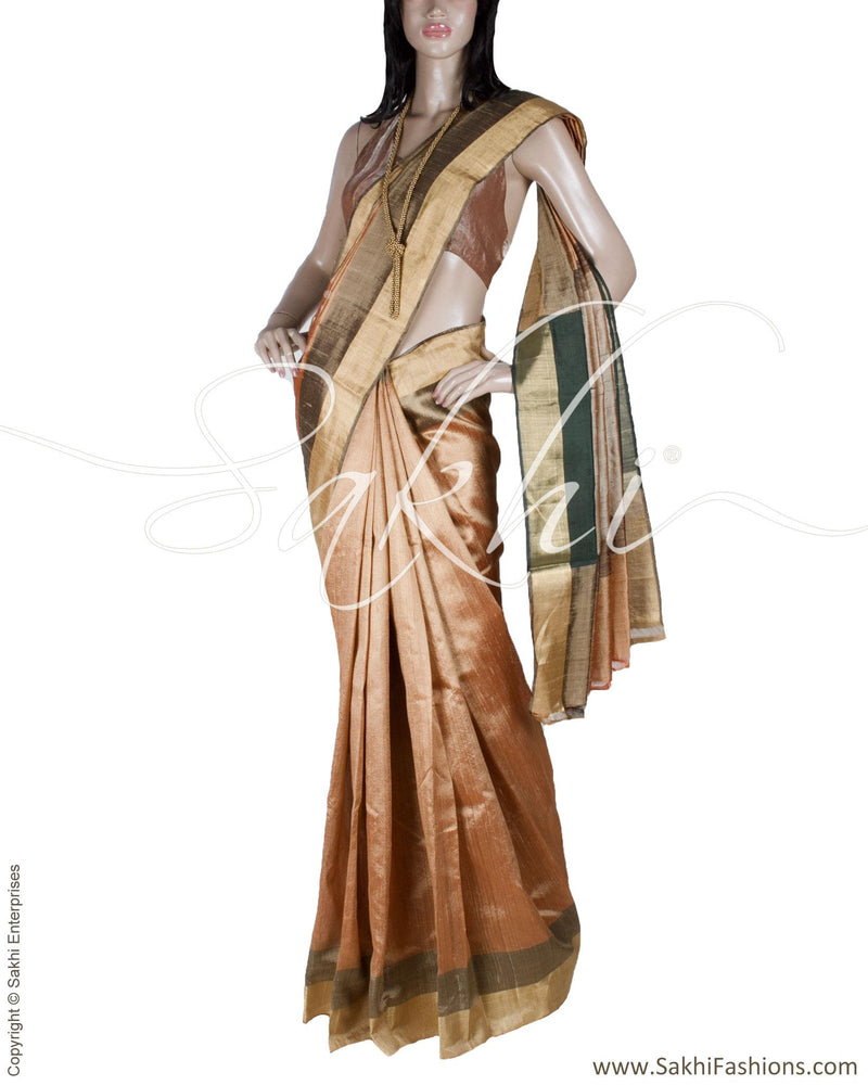 BGQ-12795 - Beige & Green Raw Silk Saree