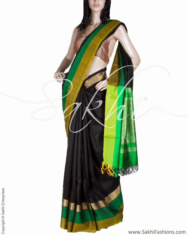 BGQ-12865 - Black & Multi Raw Silk Saree