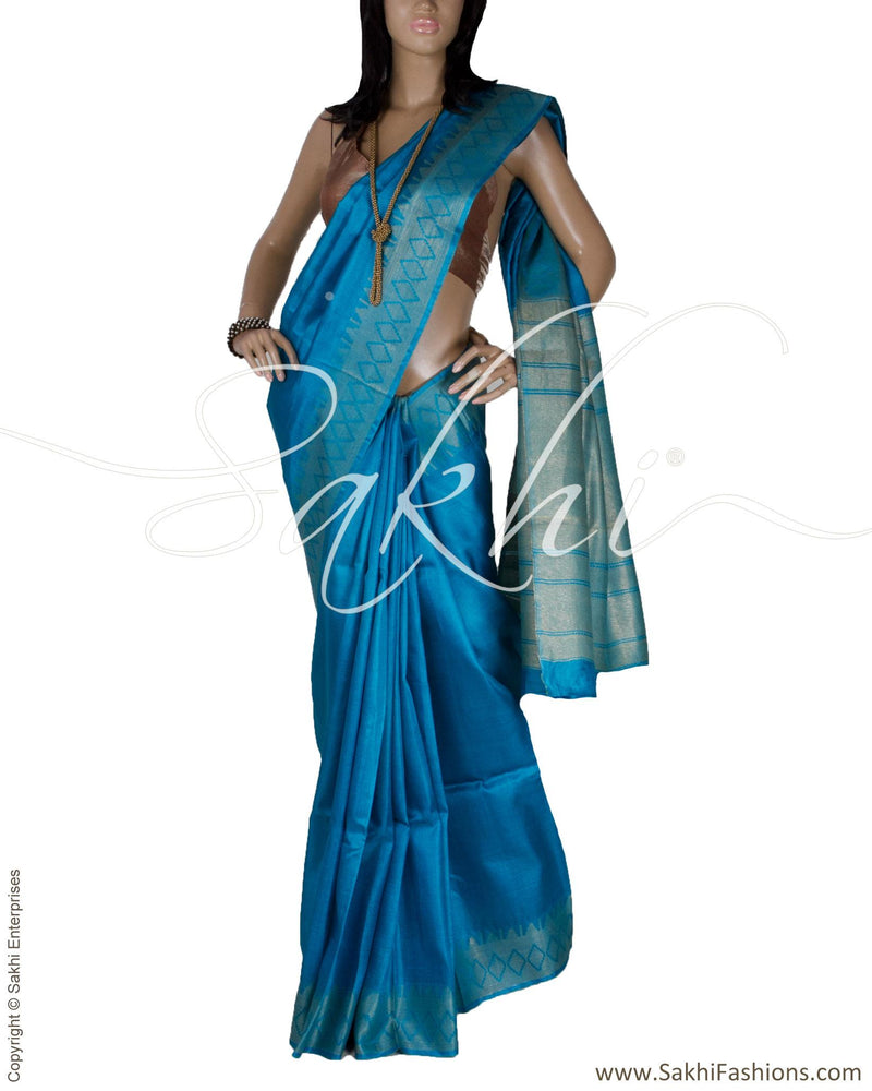 BGQ-12925 - Blue & Gold Pure Tussar Silk Saree