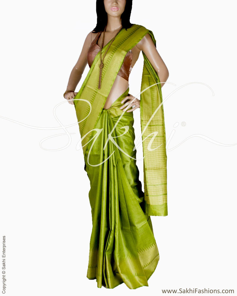 BGQ-12937 - Green & Gold Pure Tussar Silk Saree