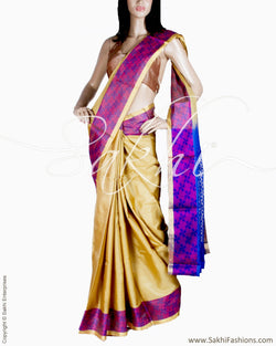BGQ-13011 - Beige & Blue Pure Tussar Silk Saree