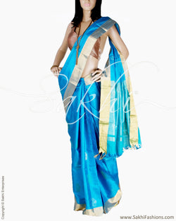 BGQ-13044 - Blue & Gold Raw Silk Saree