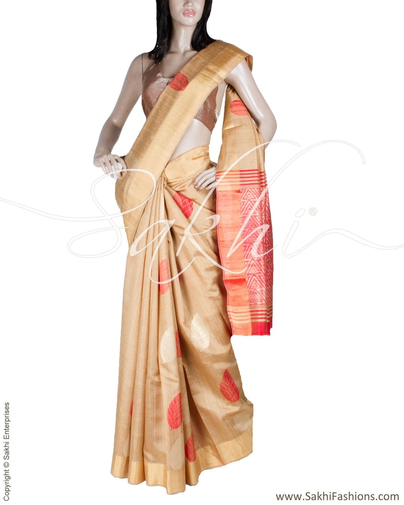 BGQ-13045 - Cream & Multi Raw Silk Saree