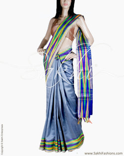 BGQ-13089 - Blue & Multi Raw Silk Saree