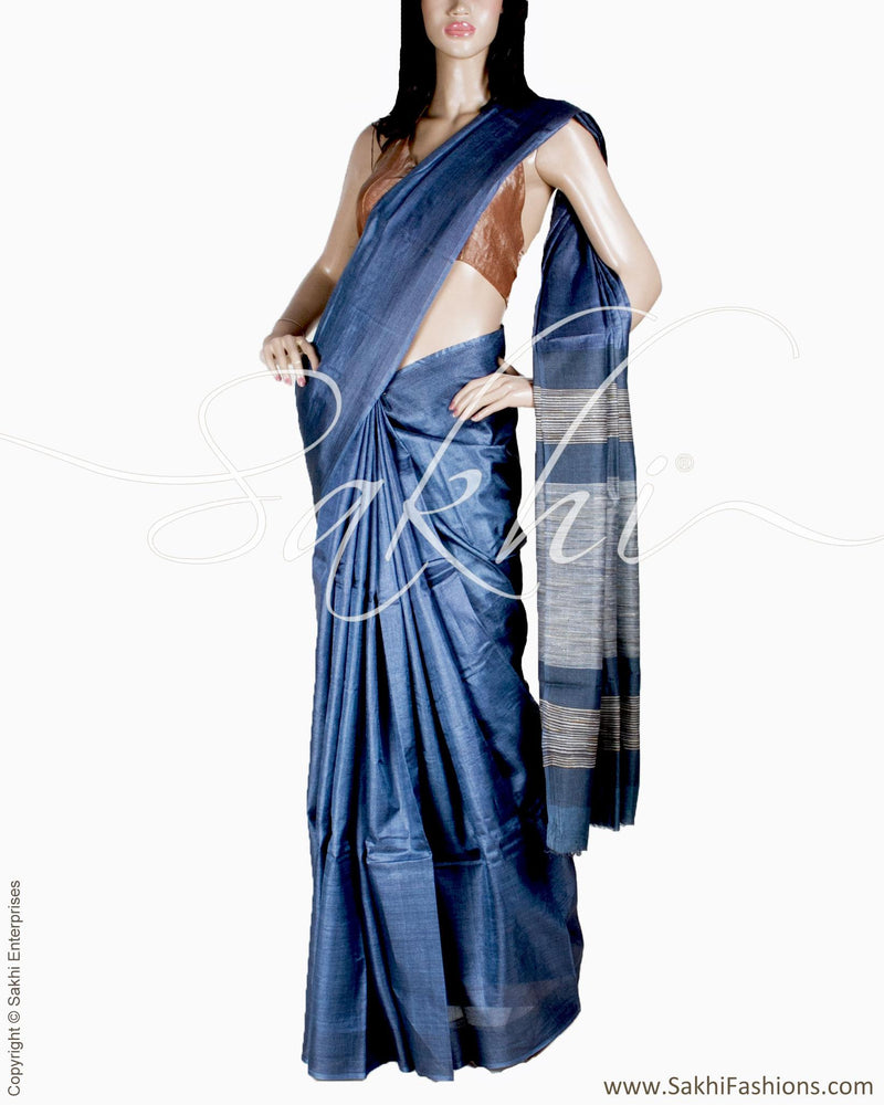 BGQ-13113 - Blue & Grey Pure Tussar Silk Saree