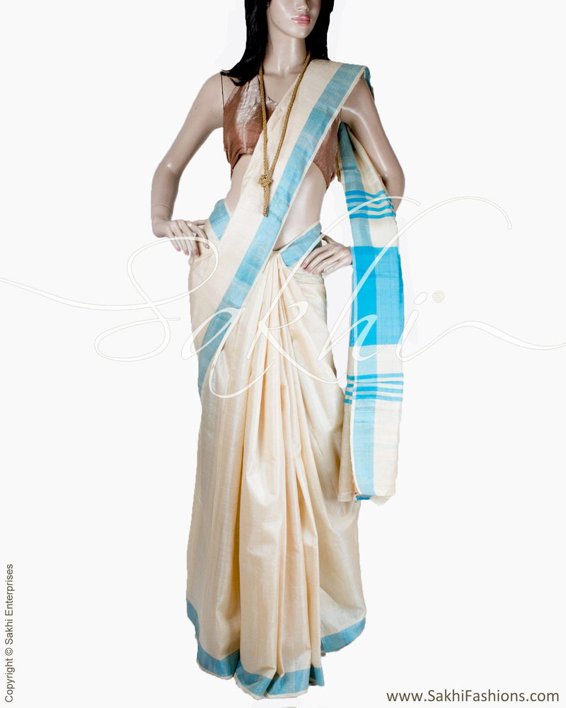 BGQ-13139 - Beige & Blue Pure Tussar Silk Saree