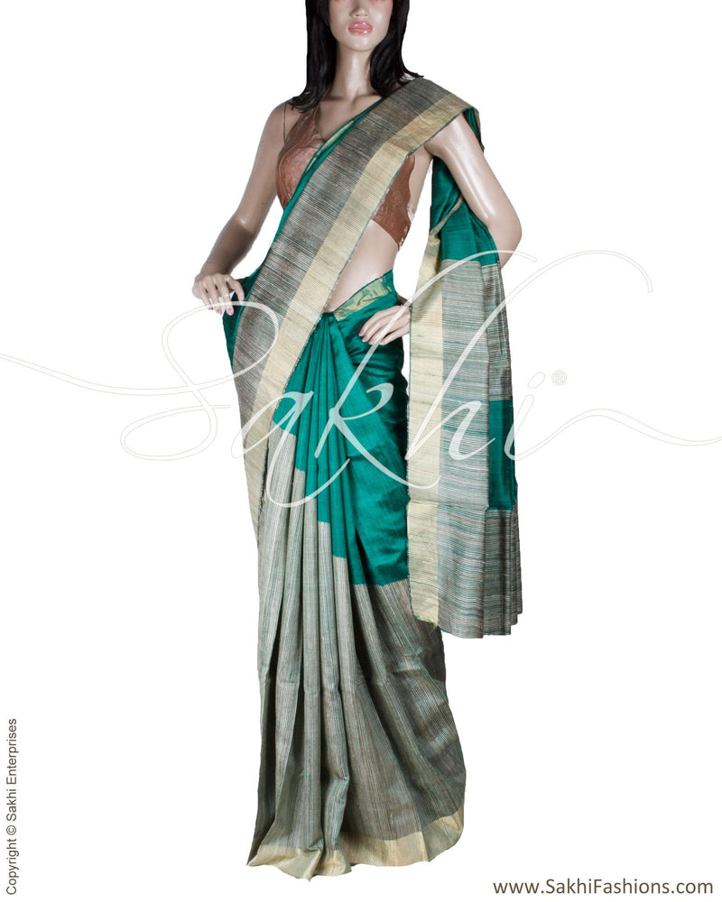 BGQ-13270 - Green & Gold Raw Silk Saree