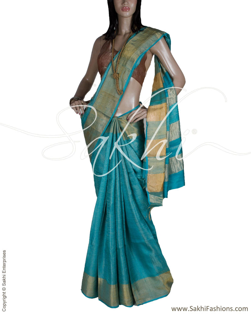 BGQ-13328 - Blue & Gold Pure Tussar Silk Saree