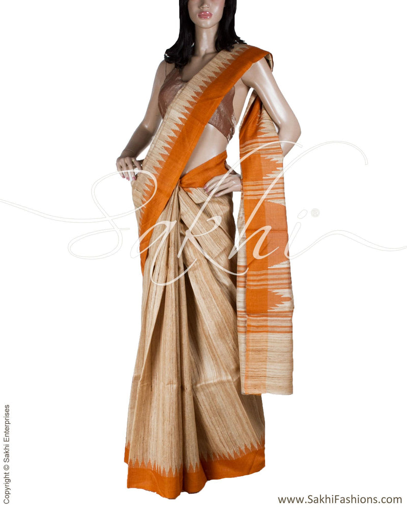 BGQ-13356 - Beige & Orange Pure Matka Silk Saree