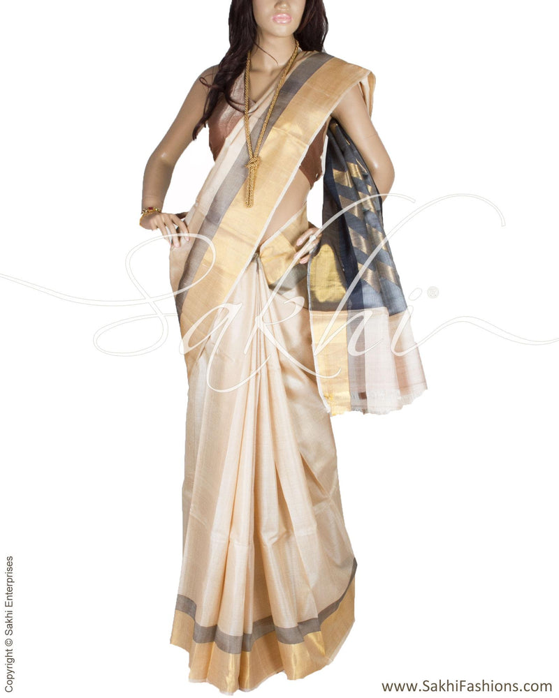 BGQ-1653 - Beige & Gold Pure Tussar Silk Saree