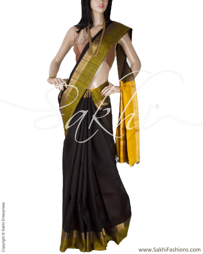 BGQ-1676 - Black & Green Pure Silk Saree