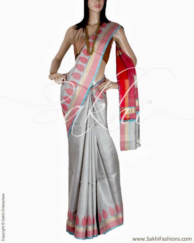 BGQ-1734 - Grey & Pink Pure Tussar Silk Saree