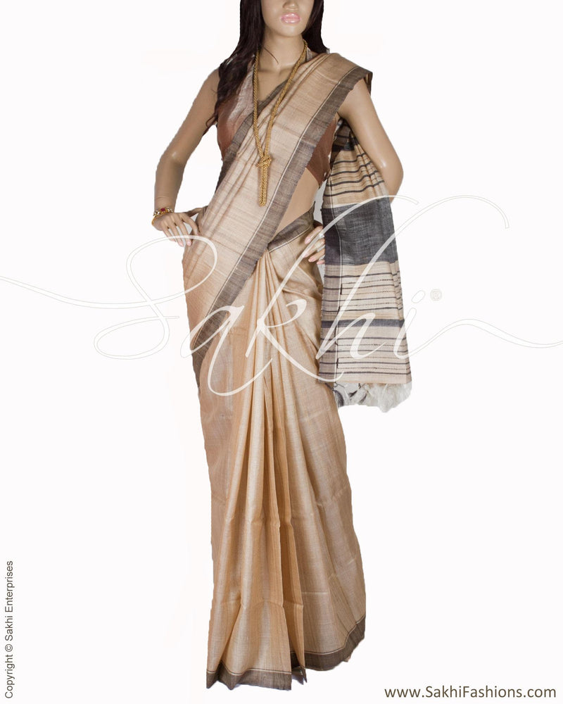BGQ-1827 - Beige & Black Pure Tussar Silk Saree