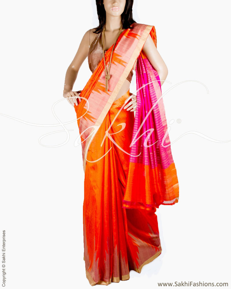 BGQ-18293 - Orange & Pink Raw Silk Saree