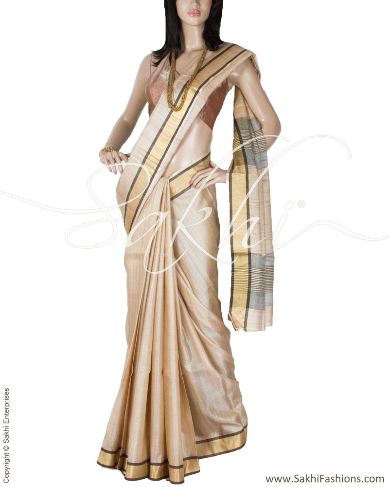 BGQ-1829 - Beige & Gold Pure Tussar Silk Saree