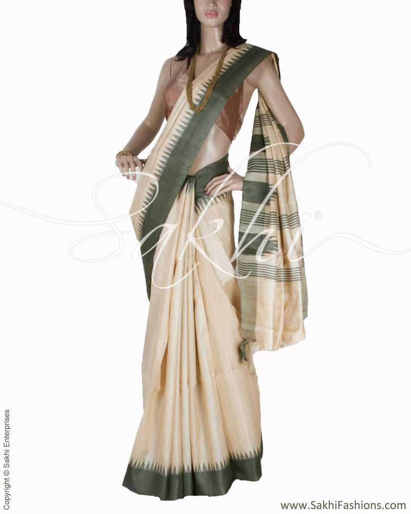 BGQ-1852 - Beige & Green Pure Tussar Silk Saree