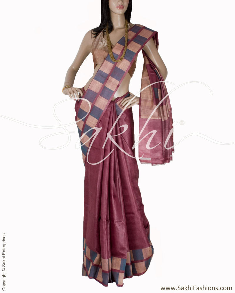 BGQ-1866 - Maroon & Black Pure Tussar Silk Saree