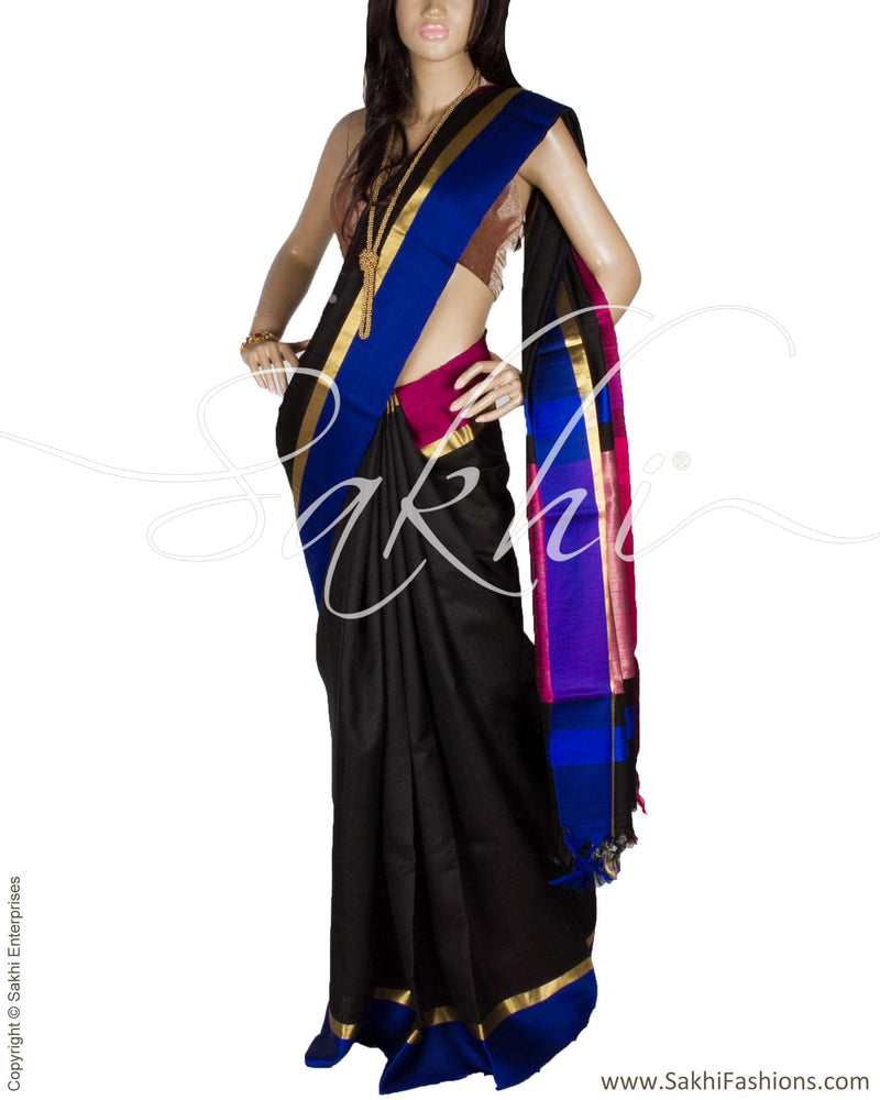 BGQ-5979 - Black & Blue Pure Dupion Silk Saree