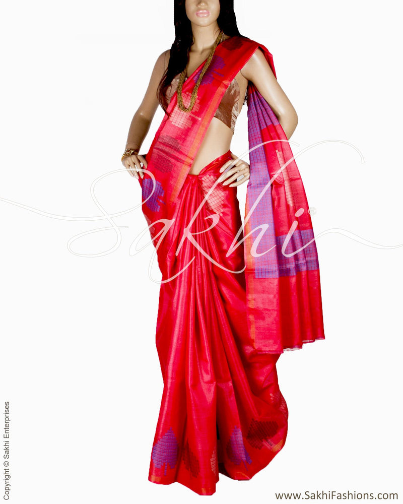 BGQ-6086 - Red & Multi Pure Tussar Silk Saree