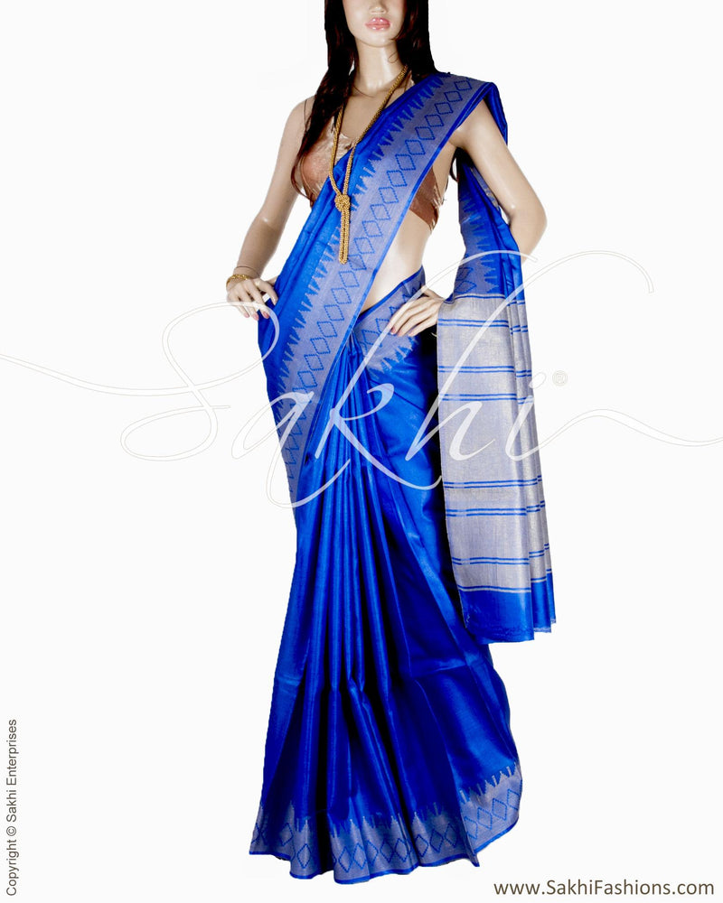 BGQ-6110 - Blue & Silver Pure Tussar Silk Saree