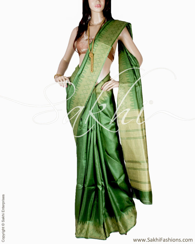 BGQ-6117 - Green & Gold Pure Tussar Silk Saree