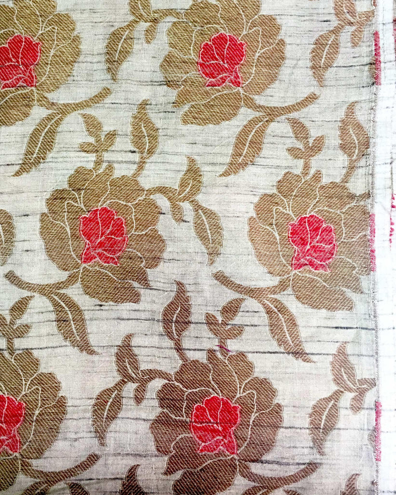 BLN-9898 - Beige & Multi Pure Tussar Silk Un-Stitched Blouse Fabric