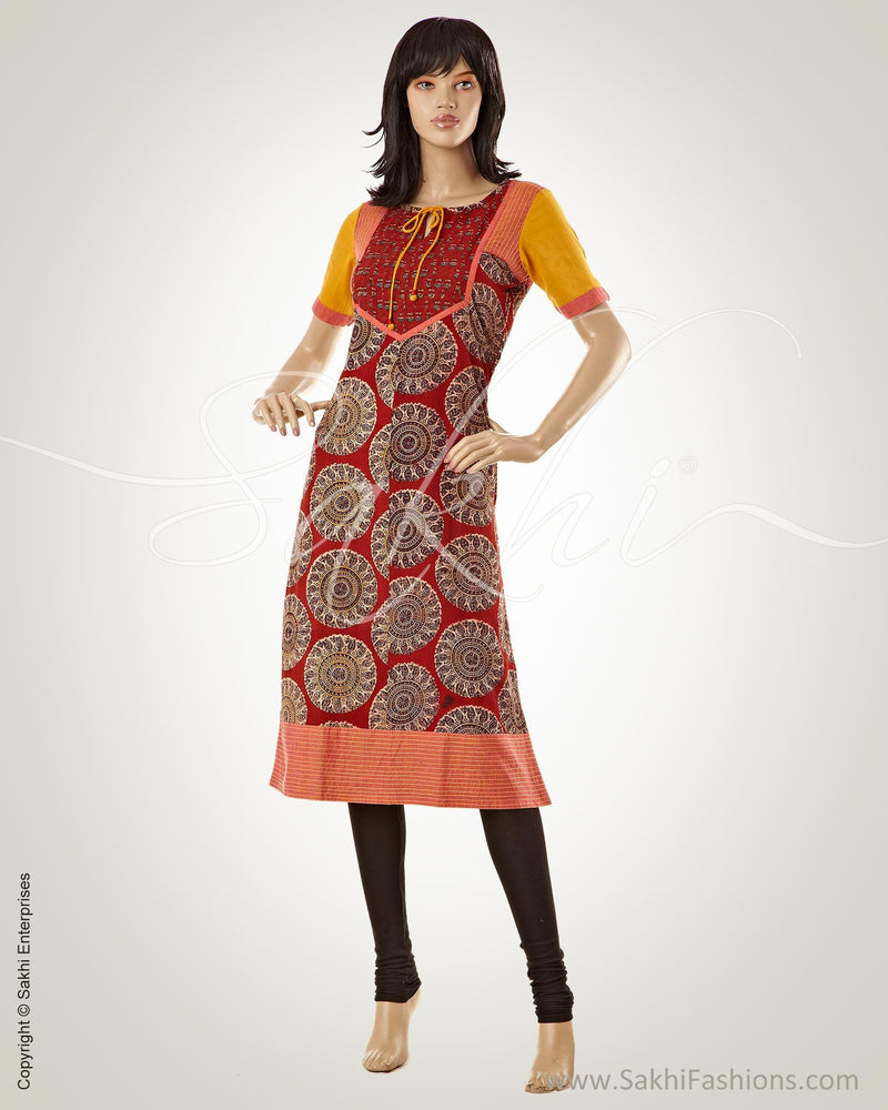 CDO-14553 - Maroon & Multi Pure Cotton Kurta