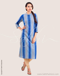 CDO-1613 - Beige & Blue Pure Cotton Kurtha