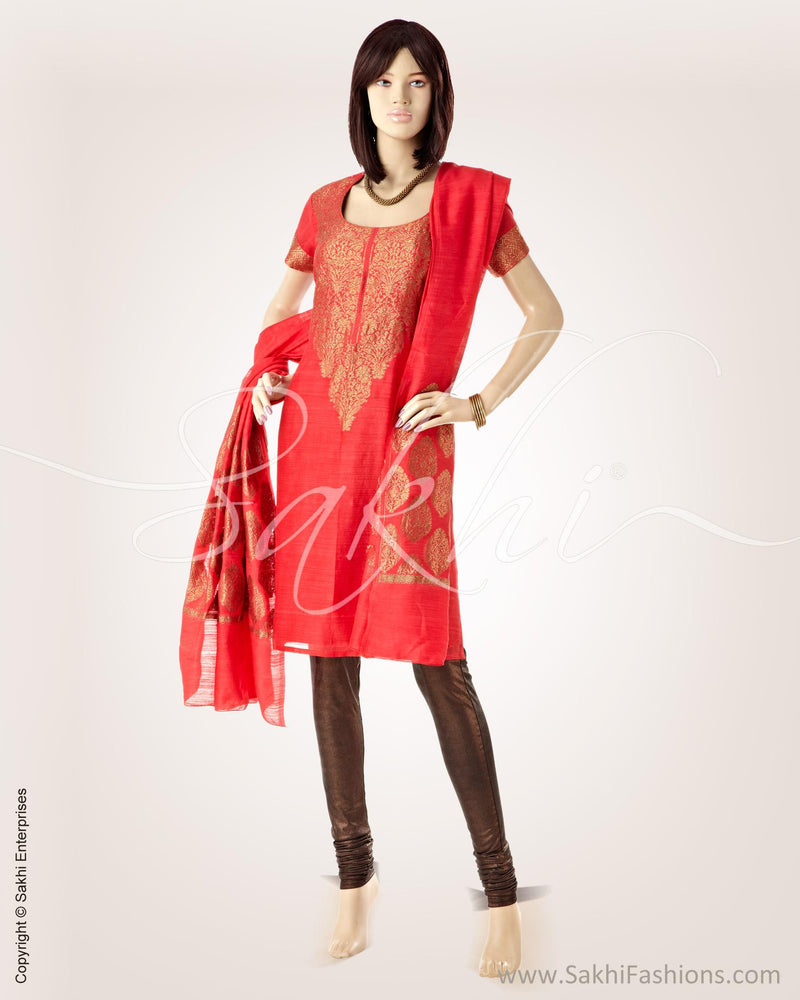 CDO-24804 - Red & Gold Pure Banarasi Silk Chudidhar