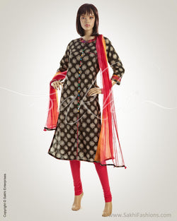 CDO-7243 - Black & Multi Pure Cotton Kurta