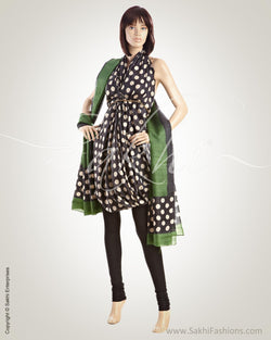 CDO-7420 - Black & Green Pure Tussar silk Chudidhar