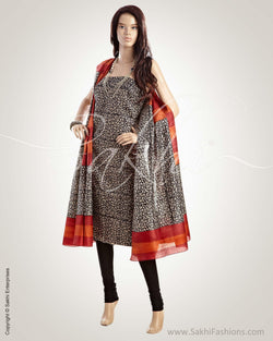 CDO-7439 - Black & Red Pure Tussar silk Chudidhar
