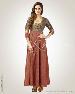 CDP-24135 - Maroon & Grey Pure Cotton Kurtha
