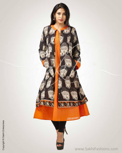 CDQ-9228P - Black & Orange Silk& Cotton Kurtha and Dress