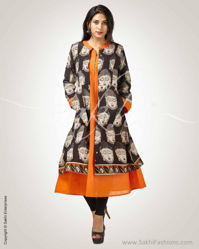 CDQ-9228P - Black & Orange Silk& Cotton Kurtha and Dress