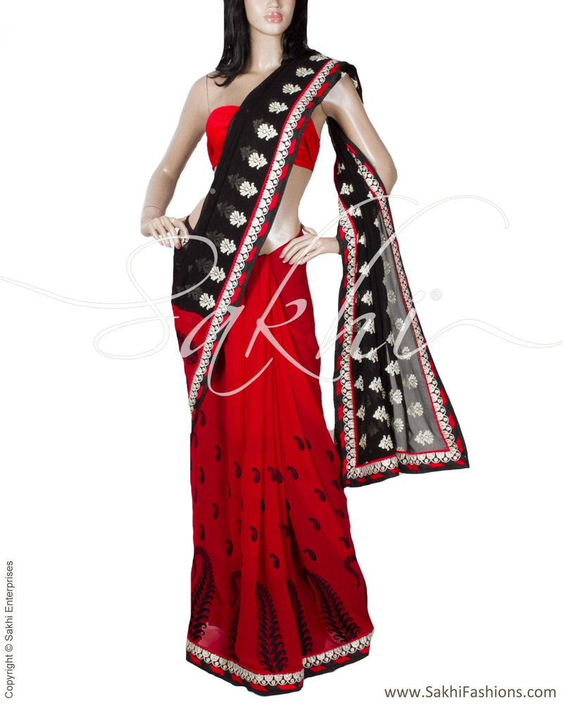 DPM-30827 - Black & Red Pure Georgette Silk Saree