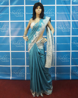 DPO-11644 - Blue & Silver Pure Tussar Silk Saree