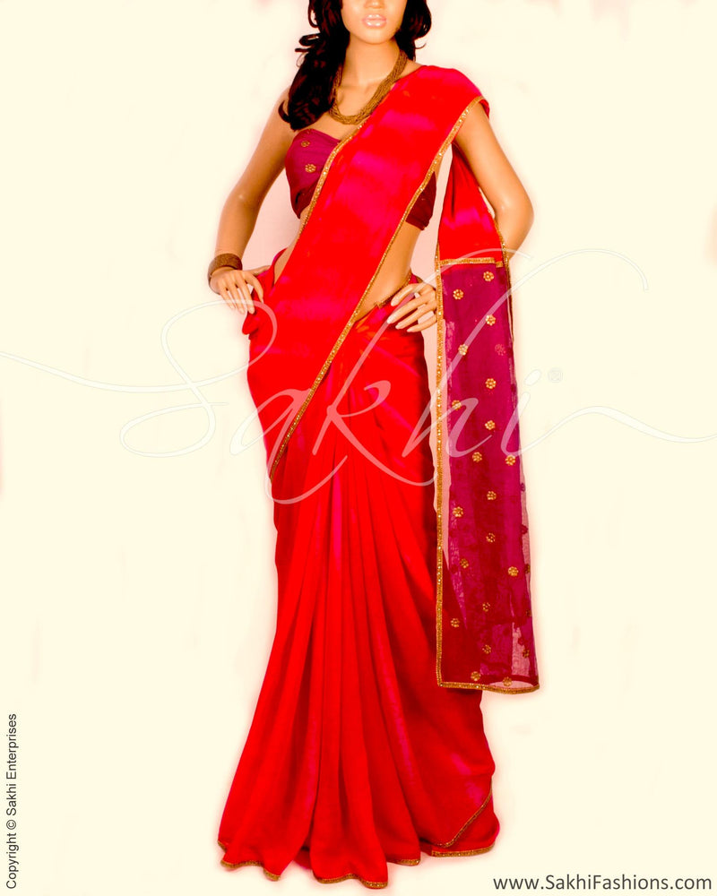 DPO-17073 - Pink & Red Pure Chiffon Silk Saree