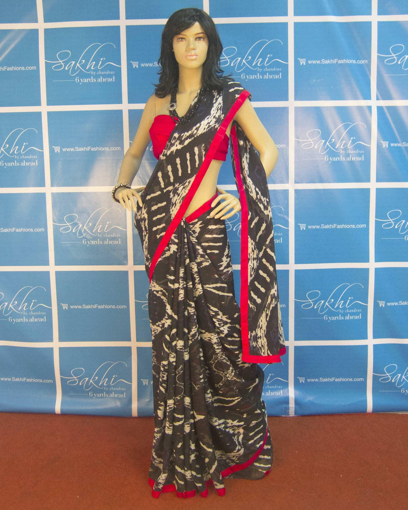 DPO-26238 - Black & Red Pure Chiffon Silk Saree