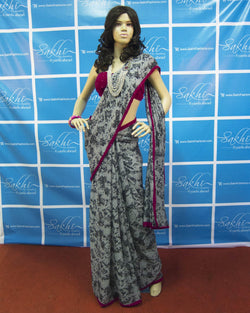DPO-27101 - Grey & Multi Pure Chiffon Silk Saree