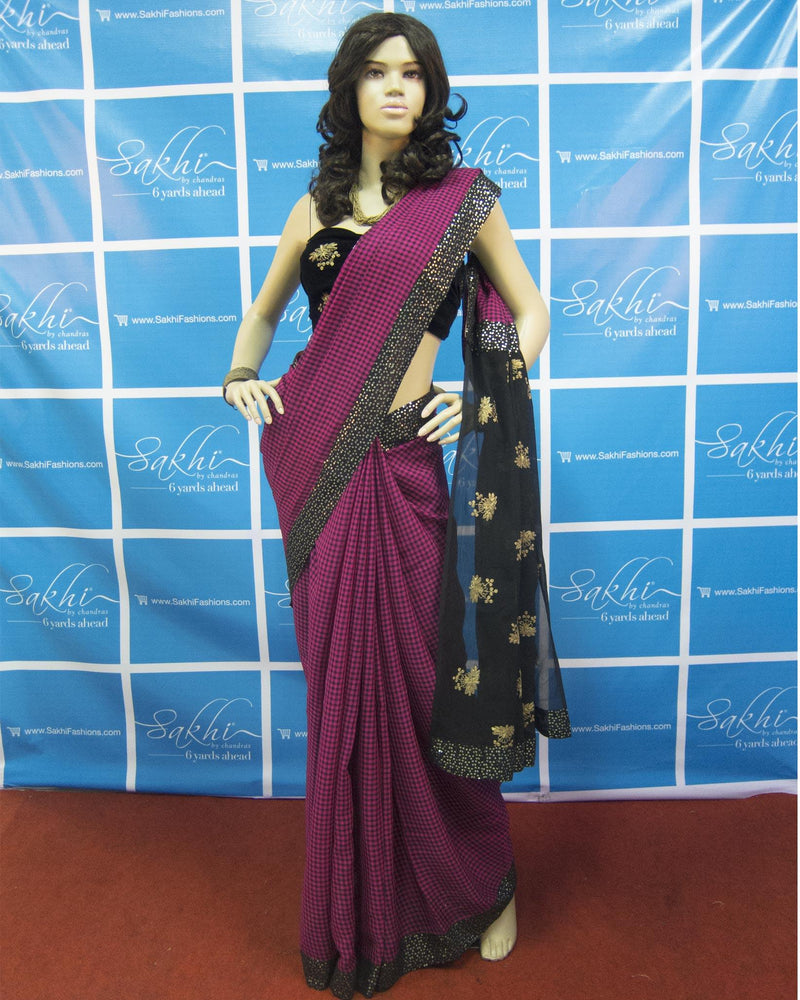 DPO-27114 - Pink  & Black Pure Chiffon Silk Saree