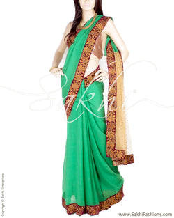 DPO-27467 - Green & Maroon Pure Chiffon Silk Saree
