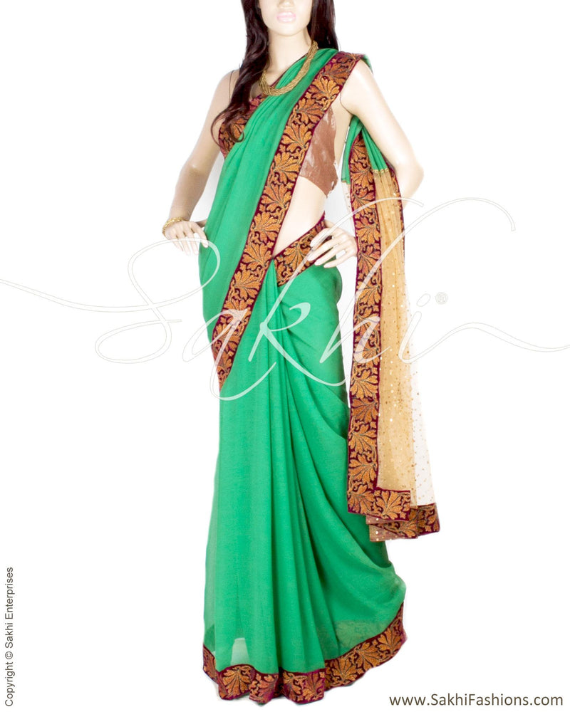 DPO-27467 - Green & Maroon Pure Chiffon Silk Saree