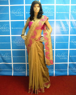 DPO-28049 - Beige & Pink Pure Organza Silk Saree