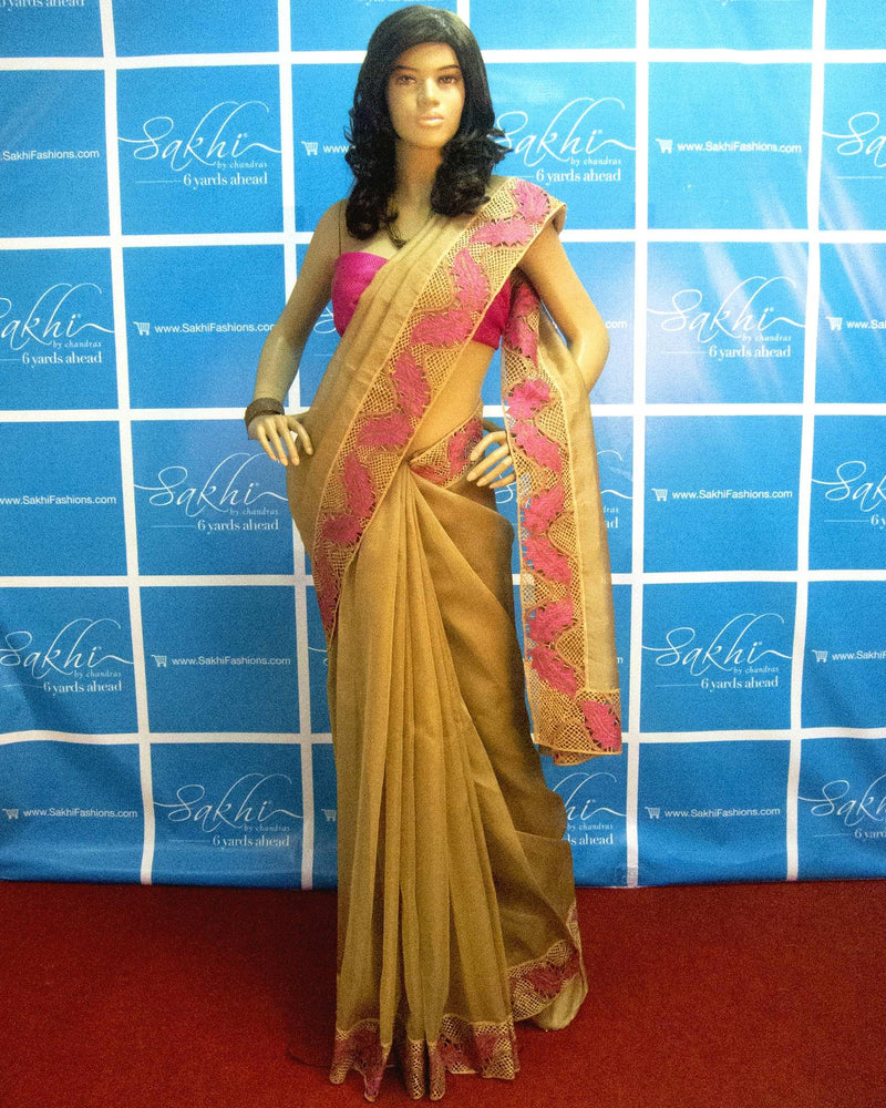 DPO-28049 - Beige & Pink Pure Organza Silk Saree